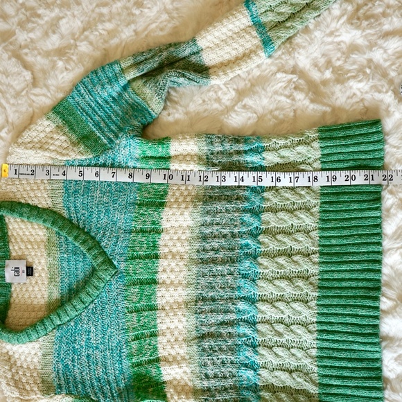 CAbi Women's Mix Stitch V-neck Striped Cable Knit Sweater - Stripes green mint - Picture 4 of 8